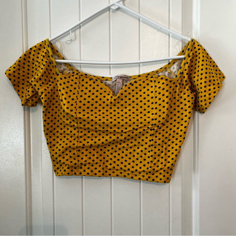NWOT Diva Apparel Juniors Yellow Blue Polka Dot Cropped Shirt Large Sweetheart - Picture 2 of 9
